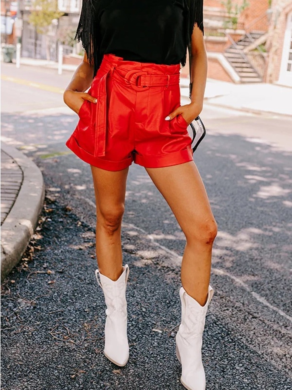 Impressions Red High-Waist faux leather Shorts with Belt